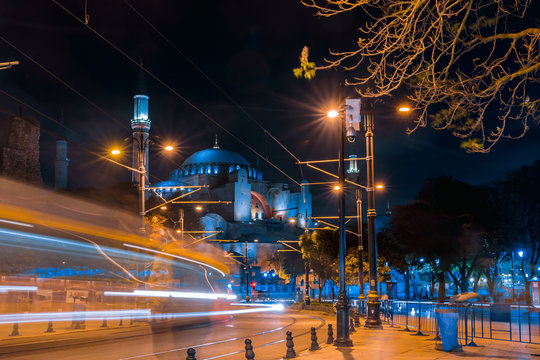 Streets of the old city in Istanbul at night. Tram line next to the Hagia Sophia. The photo was taken using a long shutter speed.