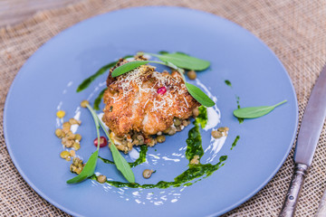 The food in the restaurant. Food styling and restaurant meal serving. Gourmet restaurant menu concept. Creative stylist restaurant