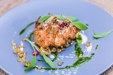 The food in the restaurant. Food styling and restaurant meal serving. Gourmet restaurant menu concept. Creative stylist restaurant