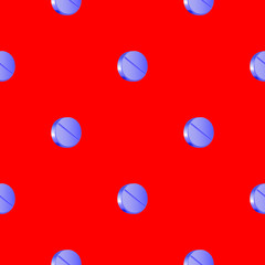 Seamless pattern of blue round pills on a red background, medical background for clothes and fabric