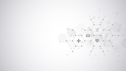 Abstract medical background with flat icons and symbols. Template design with concept and idea for healthcare technology, innovation medicine, health, science and research.