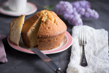 Homemade sponge cake with cream, flour, sugar, eggs and yeast. Delicious home made food.