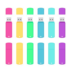Rounded USB flash drives colorful set. Vector illustration isolated on white background