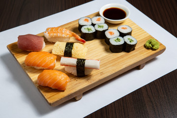 Various rolls, sushi and maki