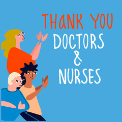 Thank you doctors and nurses hand-lettered phrase. People applauding doctors vector illustration in flat style. Gratitude for fighting coronavirus and other diseases concept