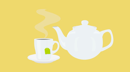 Vector Isolated Illustration of a Tea  Pot and a Tea Cup with a Tea Bag 