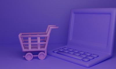 Shopping cart with laptop computer background. 3D illustration .