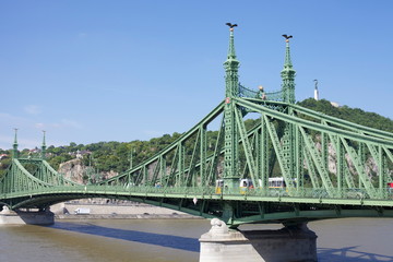 Szabadság híd in Budapest , Hungary, connects Buda and Pest across the River Danube. It is the third southernmost public road bridge in Budapest 