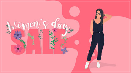 Womens day sale pink banner. Beautiful lettering, a girl in a modern suit. Vector.