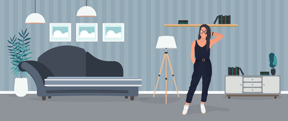 Brunette girl posing. Model in a stylish suit. Room, sofa, floor lamp, paintings on the wall, bookcase with books, a girl with black hair. Vector.