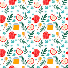 Seamless Pattern with Rosh Hashana or Hebrew New Year Symbols in Vector