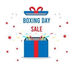Boxing Day Sale blue box and red tape stars with white background