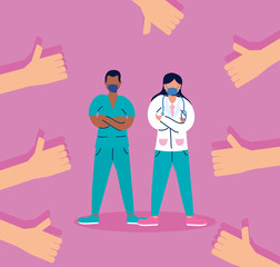 doctors couple with face masks characters