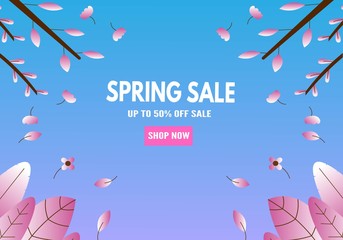 Spring Sale with pink Cherry blossom and blue sky background