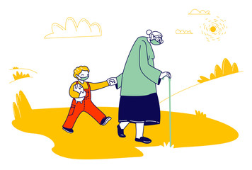Fototapeta premium Senior Woman with Little Boy Characters Wearing Medical Masks Walking on Street during Covid19 Pandemic Ignoring Quarantine Prohibition, Grandmother with Grandson. Linear People Vector Illustration