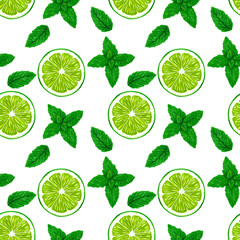 Mint and lime on a white background. Summer seamless pattern design forpaper, wallpaper, textile, fabric, packaging, menu.