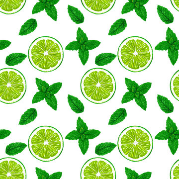 Mint and lime on a white background. Summer seamless pattern design forpaper, wallpaper, textile, fabric, packaging, menu.