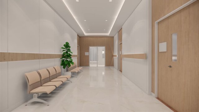 3d rendering. Interior hospital modern design . Counter and Waiting area  Empty Reception Medical practice concept.4k