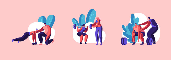 Set Training, Exercises, Sport Activity, Healthy Life. People Training in Gym with Coach Help. Male and Female Characters in Sports Wear Workout with Weight and Dumbbells. Cartoon Vector Illustration