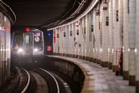 NEW YORK, USA - October 2019: Subway train in empty platform