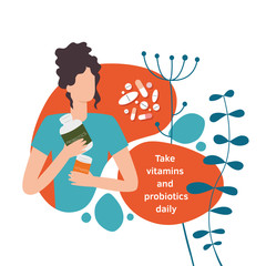 Woman holding vitamins and probiotics. Vector isolated illustration in cartoon style of a woman with pharmacy pills and capsules for health and wellbeing in a flat design style.