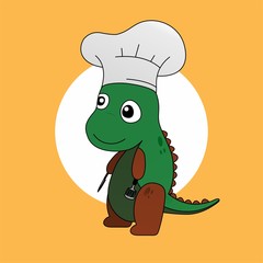 Illustration of Green Dinosaur Chef Carry Spatulas and Knives Cartoon, Cute Funny Character, Flat Design