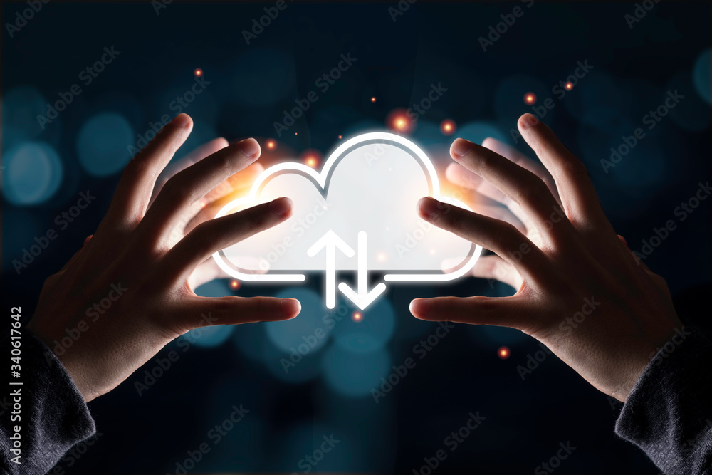 Poster two hand try to touching illustration of cloud computer for download and upload technology informati