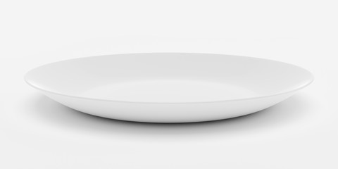 Empty white plate or ceramic dish isolated on white background. 3D rendering with clipping path