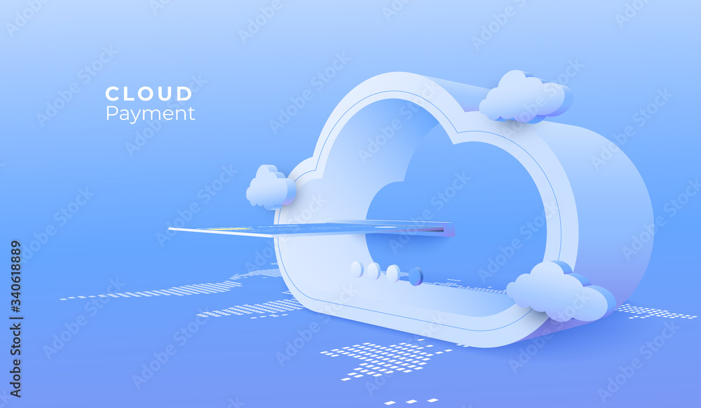 Poster Cloud computing service. Digital connection technology background. Payment online service concept.3d perspective illustration