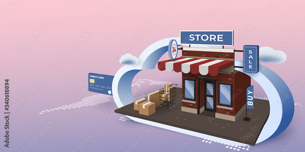 Poster online shopping with mobile application. business digital marketing concept. store building with clo