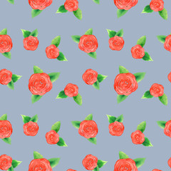 Watercolor seamless pattern with red vintage roses on a blue background. A simple print with cute roses in retro style for fabrics, stationery, wrapping paper, wallpaper and scrapbooking.
