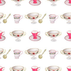 Cute watercolor seamless pattern with vintage dishes on a white background. Print with pink cups, a bowl for jam or candy with roses, an antique spoon and a cup for tea.