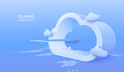 Cloud computing service. Digital connection technology background. Payment online service concept.3d perspective illustration