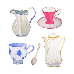 Hand drawn watercolor set for tea drinking on a white background. Vintage teapot with a gold border, a porcelain milk jug with a blue border, a blue cup with abstract flowers and a pink cup and saucer