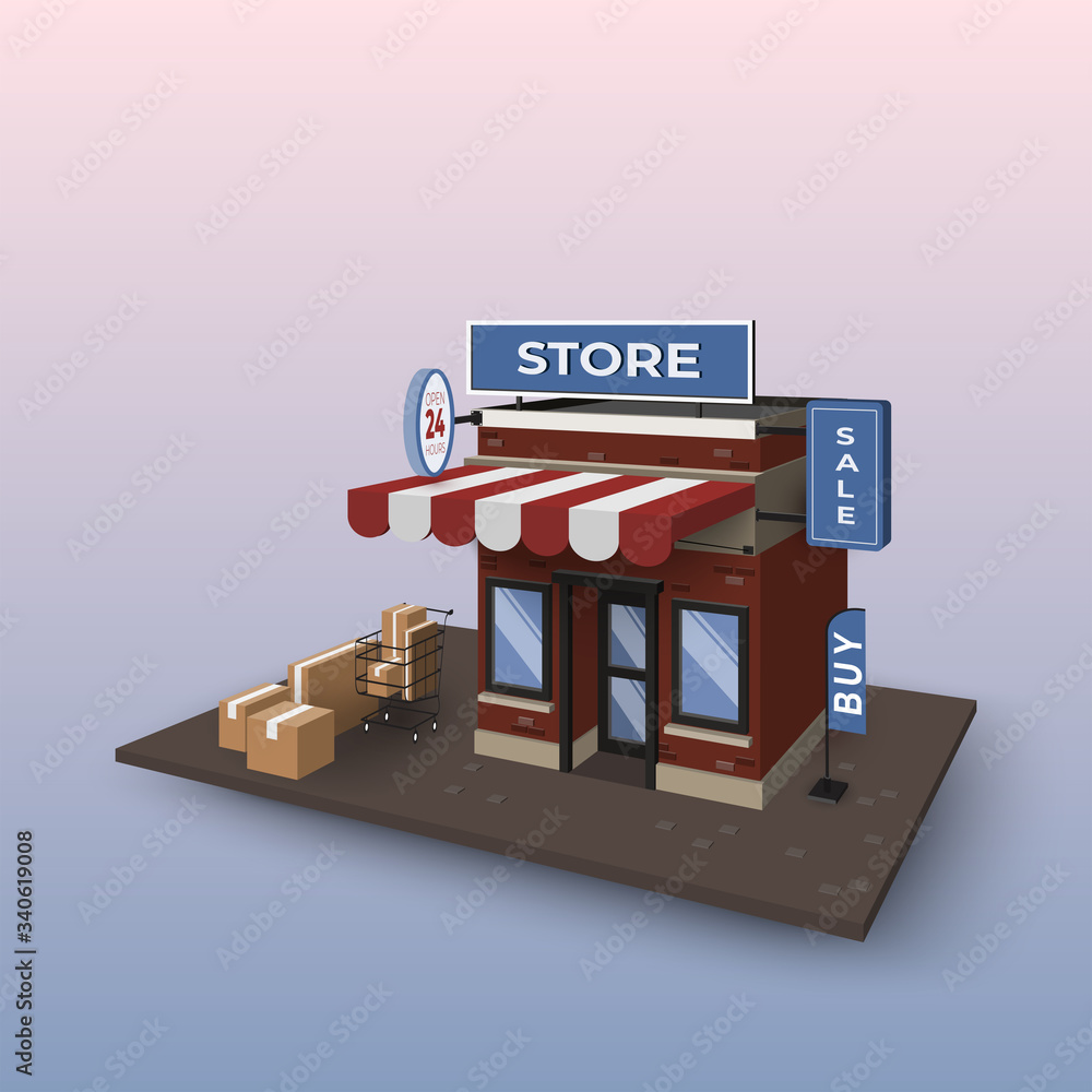 Aufkleber online shopping with mobile application. business digital marketing concept. store building with sma