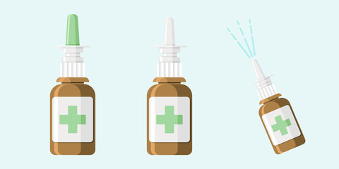 Nasal spray flat vector illustration. Set of three illustrations.