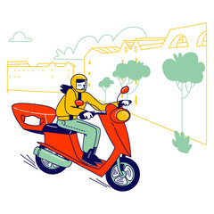 Female Character Riding Scooter Delivering Medical Masks to People at Covid19 Pandemic Quarantine Self Isolation. Volunteer Help to Prevent Virus Spreading at Epidemic Time. Linear Vector Illustration