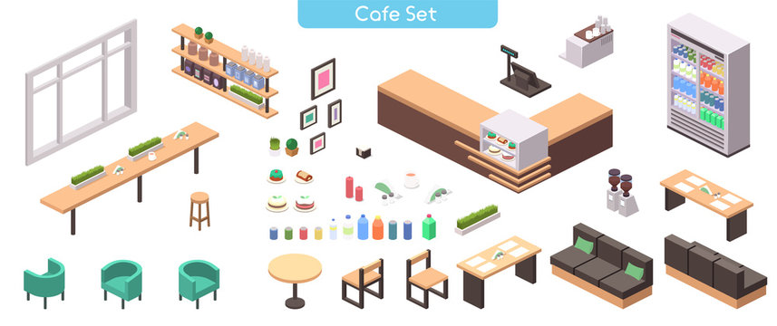 Vector realistic illustration isometric cafe set