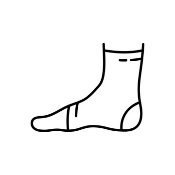 Ankle support. Linear icon of elastic medical bandage on leg. Black illustration of fixative textile dressing to treat injury. Contour isolated vector emblem on white background. Human foot in profile
