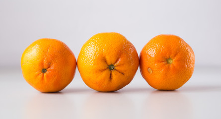 appetizing tangerines laid out in a row on white background