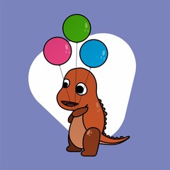 Illustration of Orange Dinosaurs Carrying Balloons Cartoon, Cute Funny Character, Flat Design