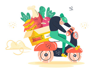 Man driving on delivery scooter.  Fast food delivery. Fast shop service.  Coronavirus pandemic self isolation, protection. Flat colourful vector illustration, art isolated on white background.