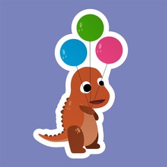 Stickers of Orange Dinosaurs Carrying Balloons Cartoon, Cute Funny Character, Flat Design