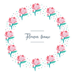 My little flower frame. Little pink magnolia flowers postcard. Flora design elements. Wild life, blooming flowers, botanic.Flat colourful vector illustration icon sticker isolated on white background.