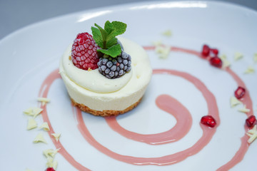 chess check. piece of tasty vanilla cheesecake with berries