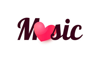 Music with heart sign, Sticker label with text caption and red love symbol. Logo for Music Store, party, event and Studio.