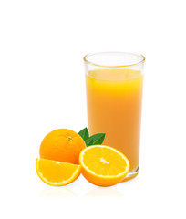 Fototapeta na wymiar Fresh orange juice and orange fruit sliced with leaves isolated on white background with clipping path