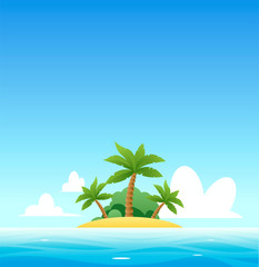 Tropic Landscape for travel company. Vector banner for travel to south country. Island with palms on seascape with copy space at top.