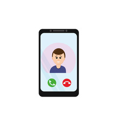 screen smartphone in call mode with a man in a flat style. remote distance communication with family and friends, safety during an epidemic and quarantine. icon, sticker, poster banner