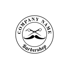 The Barber logo with beard and mustache. Scissors. Barber shop symbol.